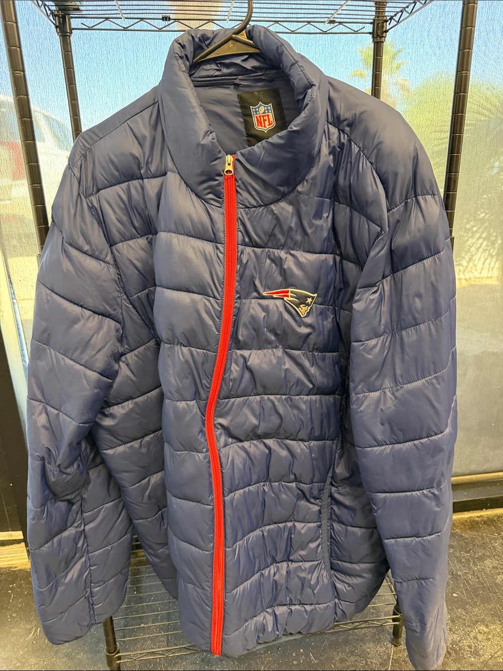 NFL Navy Puffer Jacket with Red Zipper and Patriots Logo